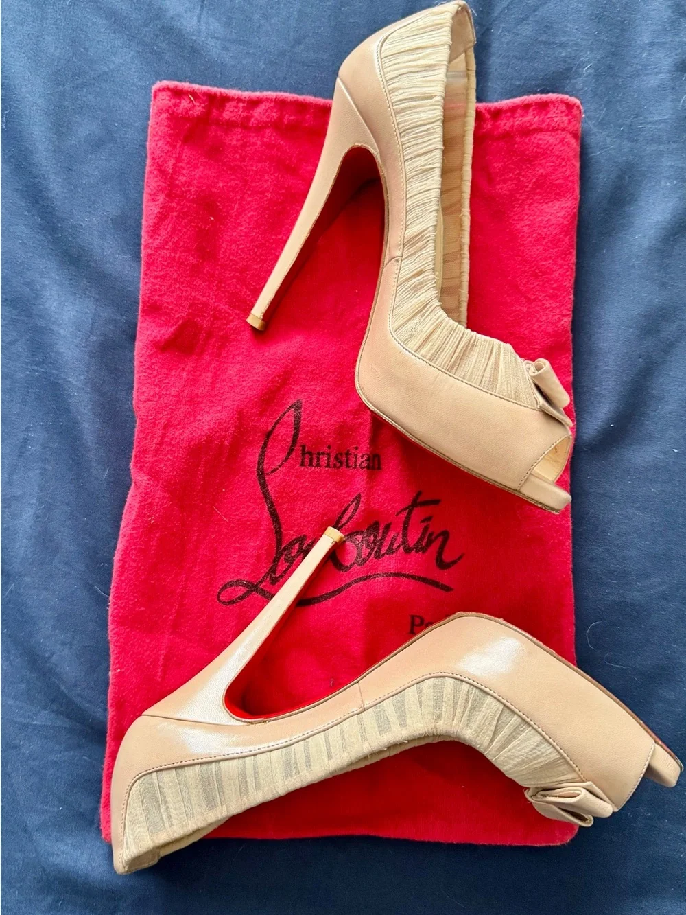 Christian Louboutin Angelique Nude chiffon Peep-Toe Stiletto with Red Sole